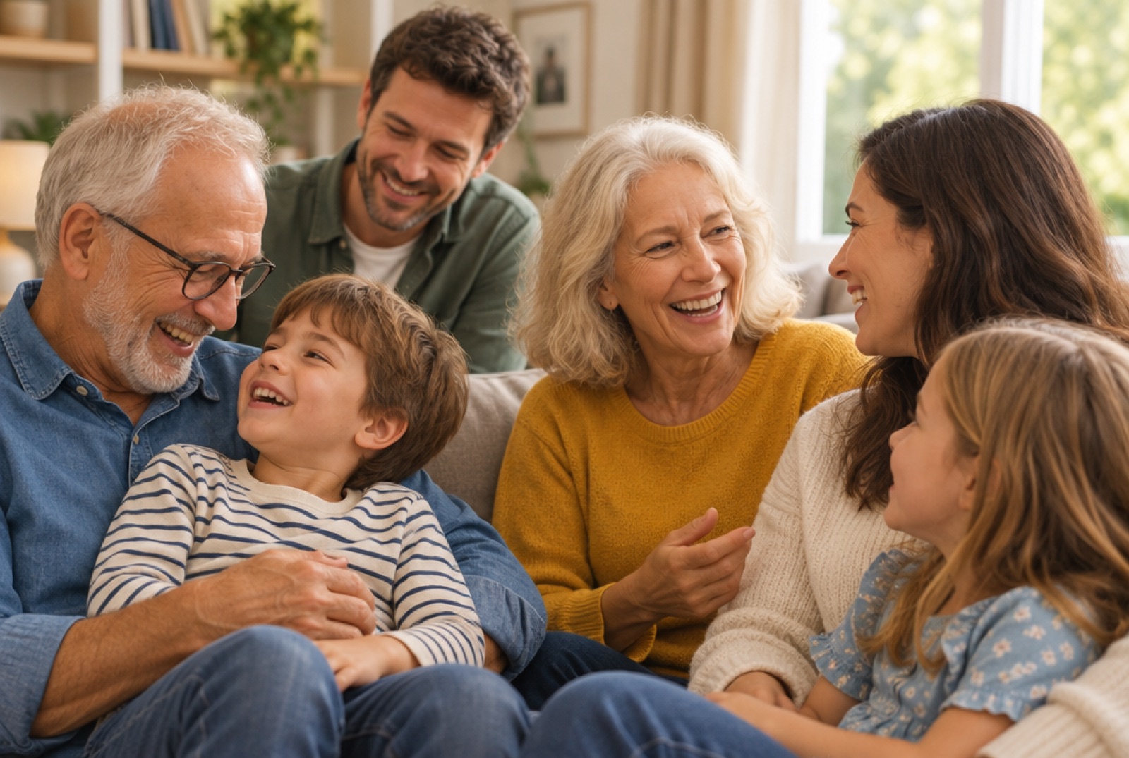 Drei Generationen einer Familie — Großeltern, erwachsene Kinder und Enkelkinder — lachen gemeinsam